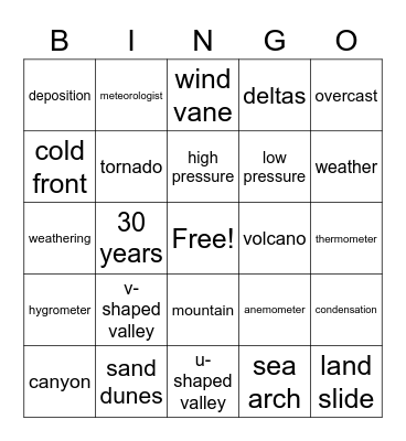 Weather and Landforms Bingo Card