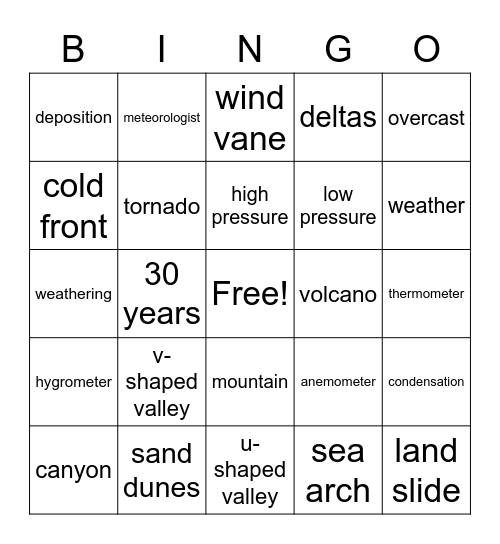 Weather and Landforms Bingo Card