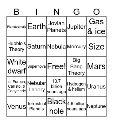 Astronomy Bingo Card