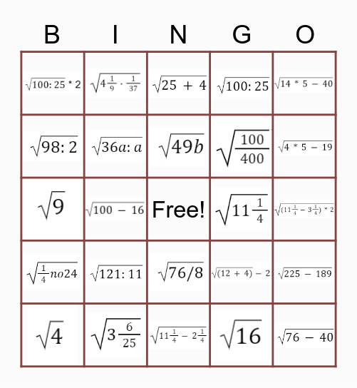 Kvadrātsakne Bingo Card