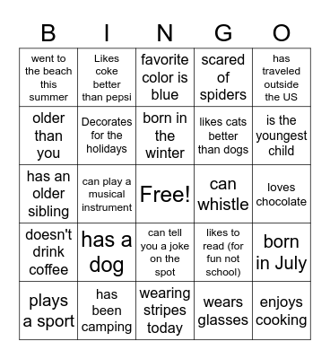 Get to know you bingo Card