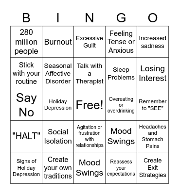 Depression Bingo Card