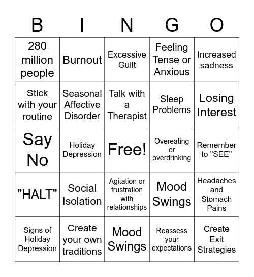 Depression Bingo Card