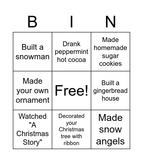 Holiday Experiences Bingo Card