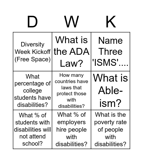 Diversity Week 'ISM" Bingo Card