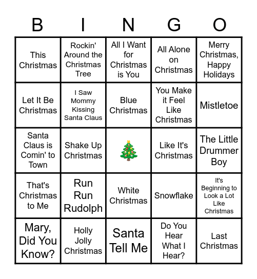 Christmas Hits List Bingo Card