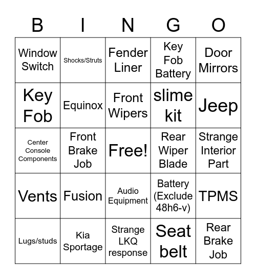 Parts Bingo Card