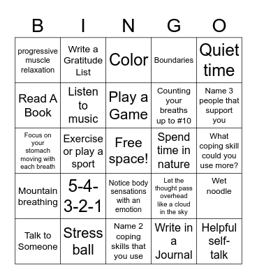 Coping Skills BINGO Card