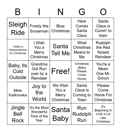 Holiday Music Mania Bingo Card