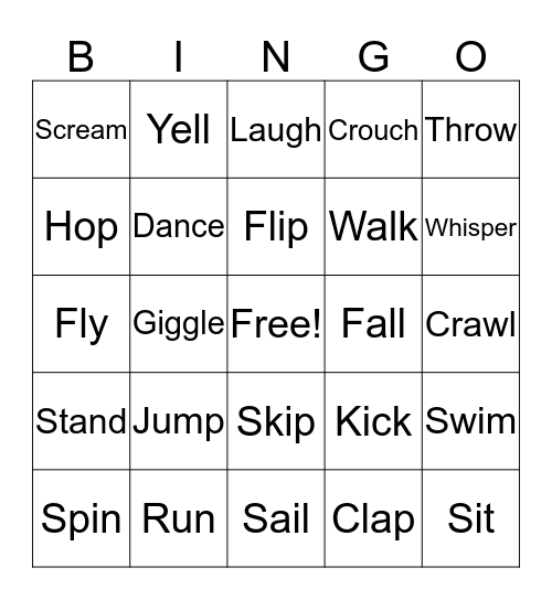 ACTION Verbs Bingo Card