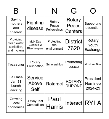 Rotary Dupont Holiday Bingo Card