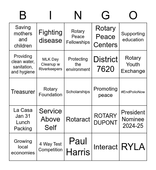 Rotary Dupont Holiday Bingo Card