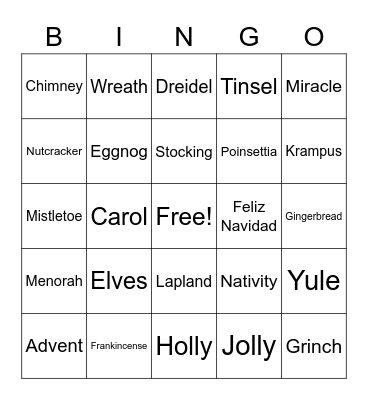 Holiday Words Bingo Card