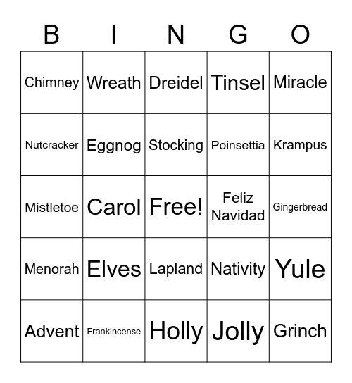 Holiday Words Bingo Card