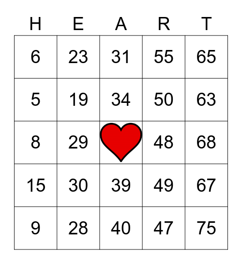 HEART 1-75 Bingo Card