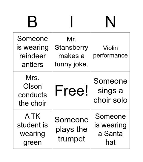 Christmas Performance Bingo Card