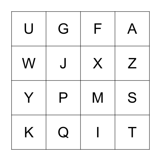 Upper Case Alphabet Bingo Card