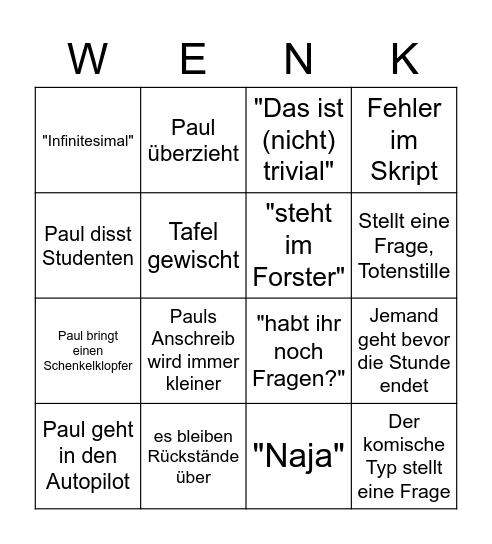 Das Wenk Bingo Card