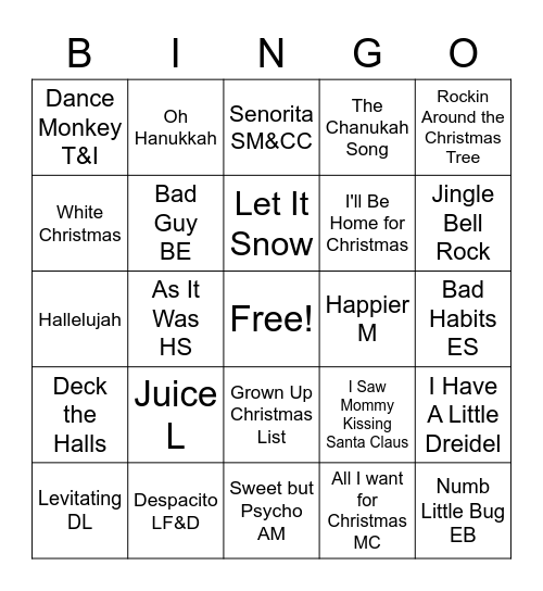 Today's Hits Bingo Card