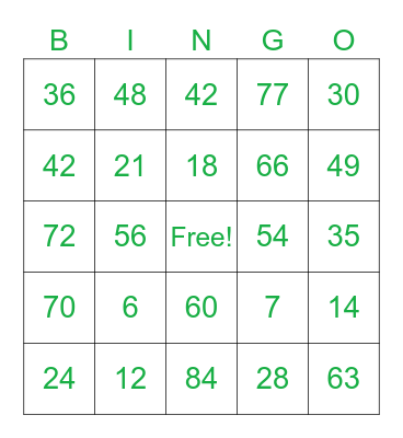 multiplication fact 6，7 Bingo Card