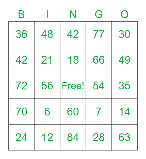 multiplication fact 6，7 Bingo Card