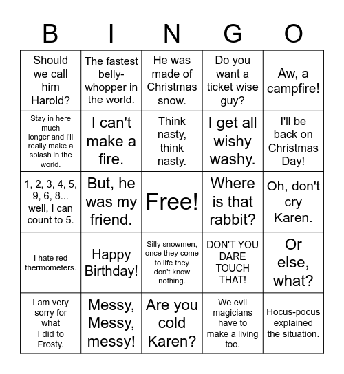 Frosty the Snowman Bingo Card