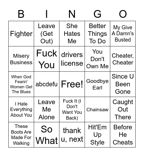 Hate Songs Bingo Card