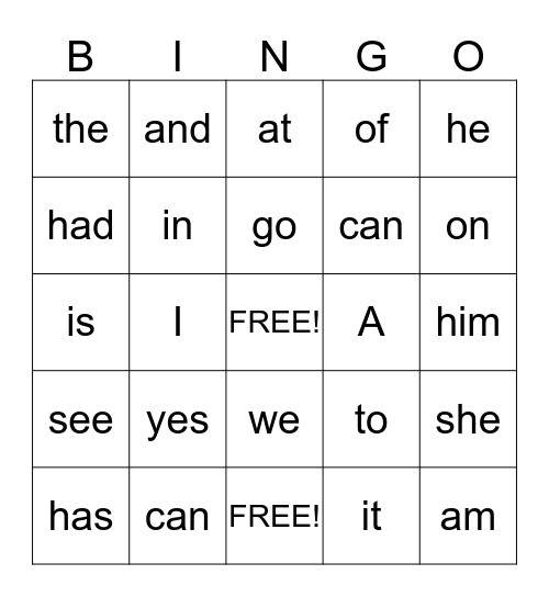 Sight Word Bingo Card