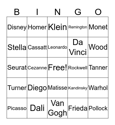 Artists Bingo Card