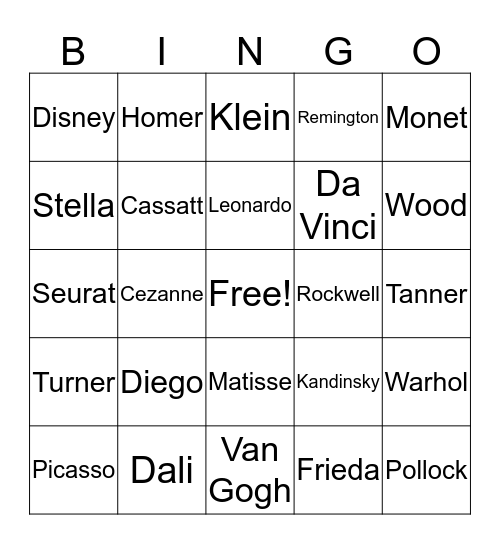 Artists Bingo Card