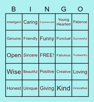 Self-Esteem Bingo Card
