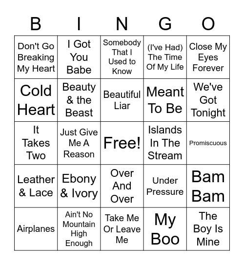 Duets Bingo Card