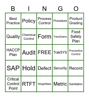 Food Safety Bingo Card