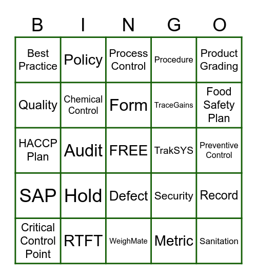 Food Safety Bingo Card