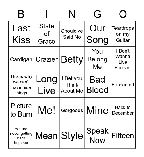 Swift Singo Bingo Card
