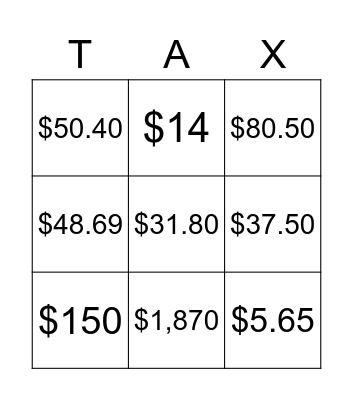 Tax, Tip, and Discount Bingo Card