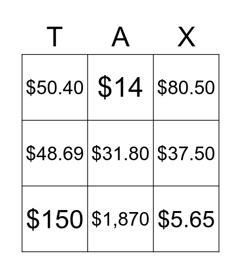 Tax, Tip, and Discount Bingo Card