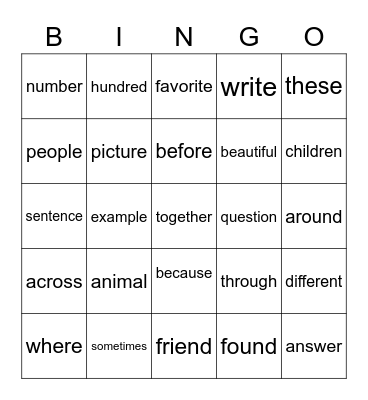 Sight words Bingo Card