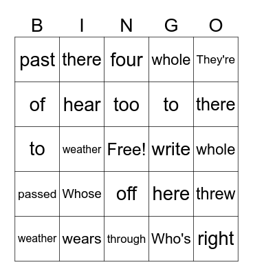 Christmas Homophone Bingo Card