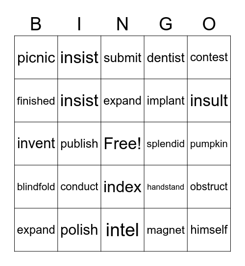 Multisyllable Closed Words Bingo Card