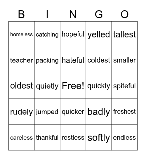 Suffix Bingo Card