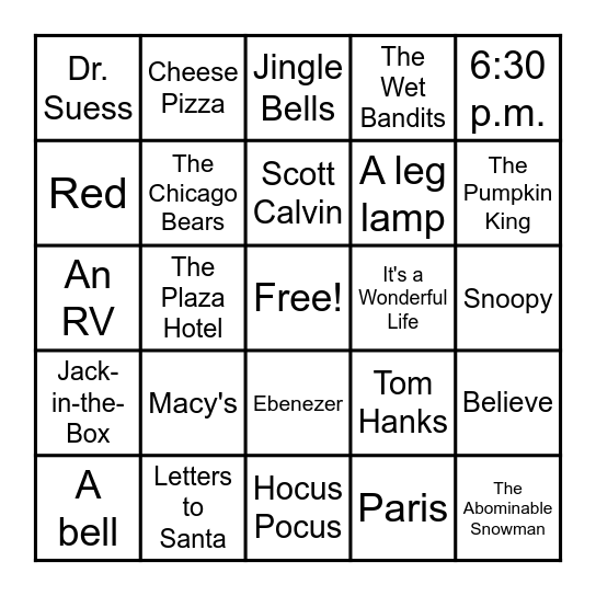 Christmas Movie Bingo Card