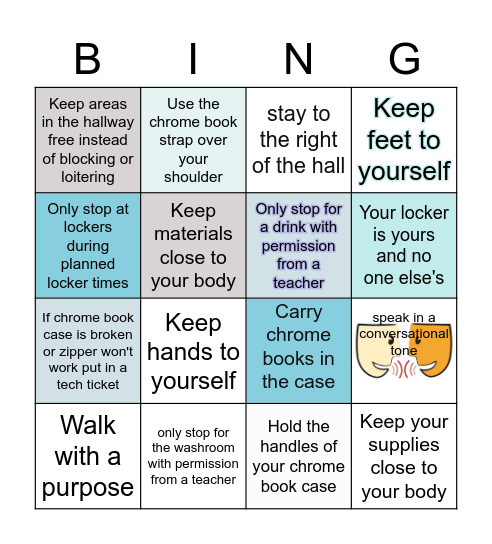 Hallway Behavior Bingo Card