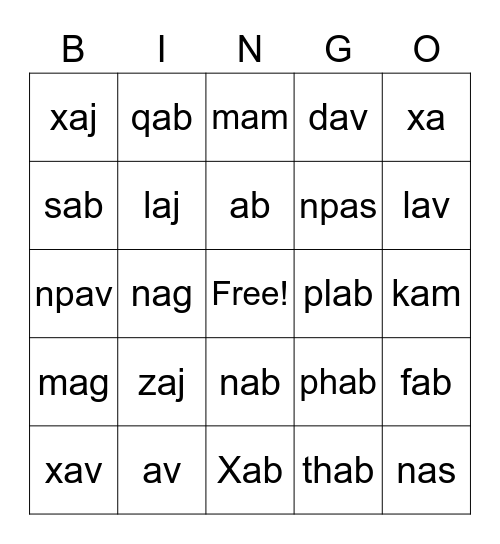 Tsiaj Ntawv Niam "a" Bingo Card