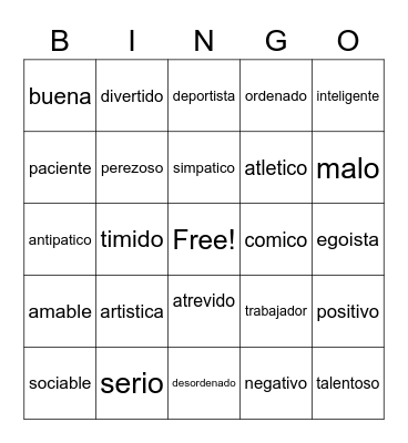 Adjetivos spanish 1 Bingo Card