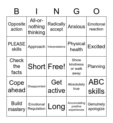 DBT - Emotion Regulation Bingo Card