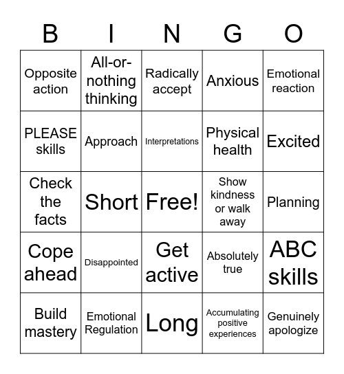 DBT - Emotion Regulation Bingo Card