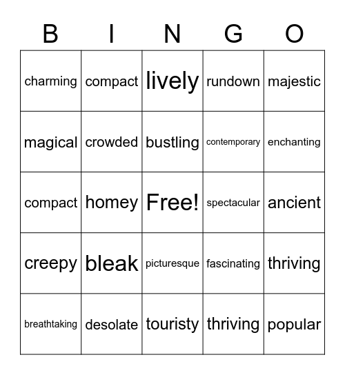 Adjectives for Places Bingo Card