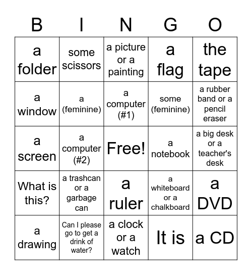 Class Objects Bingo (7th grade) Bingo Card