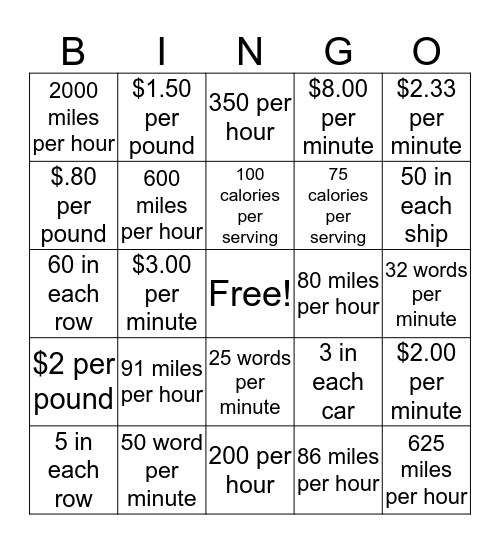 Unit Rates Bingo Card
